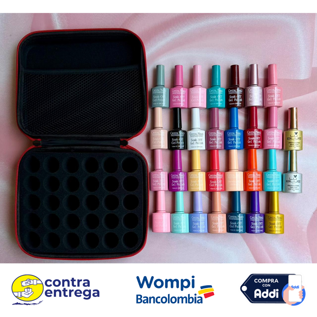 KIT 28 ESMALTES SEMIPERMANENTES + BASE Y TOP (IDEAL PARA MANICURISTAS Y EMPRENDER) TODO MARCA CRYSTAL NAILS. - Aned Cosmetics